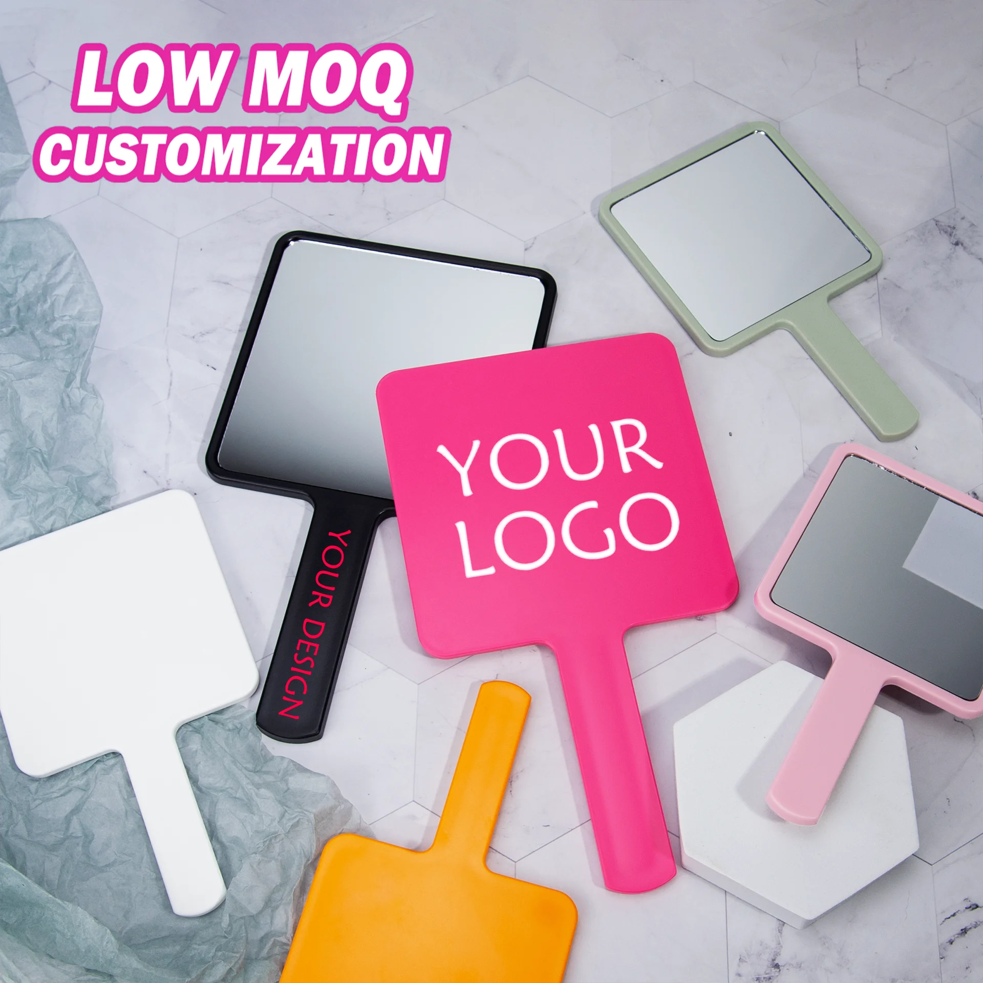 Квадратное пластиковое косметическое зеркало с индивидуальным логотипом, оптовая продажа, ручное косметическое зеркало с пользовательским логотипом