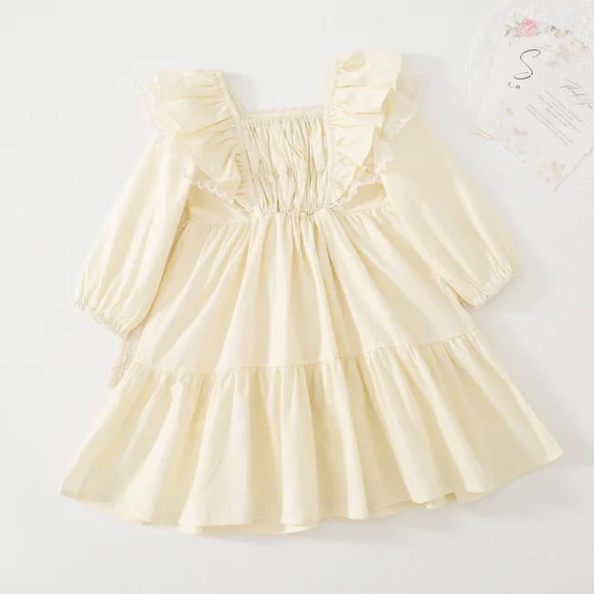 PHB 13028 long sleeve spring new Spanish design kids 2023 beige dress for children girls