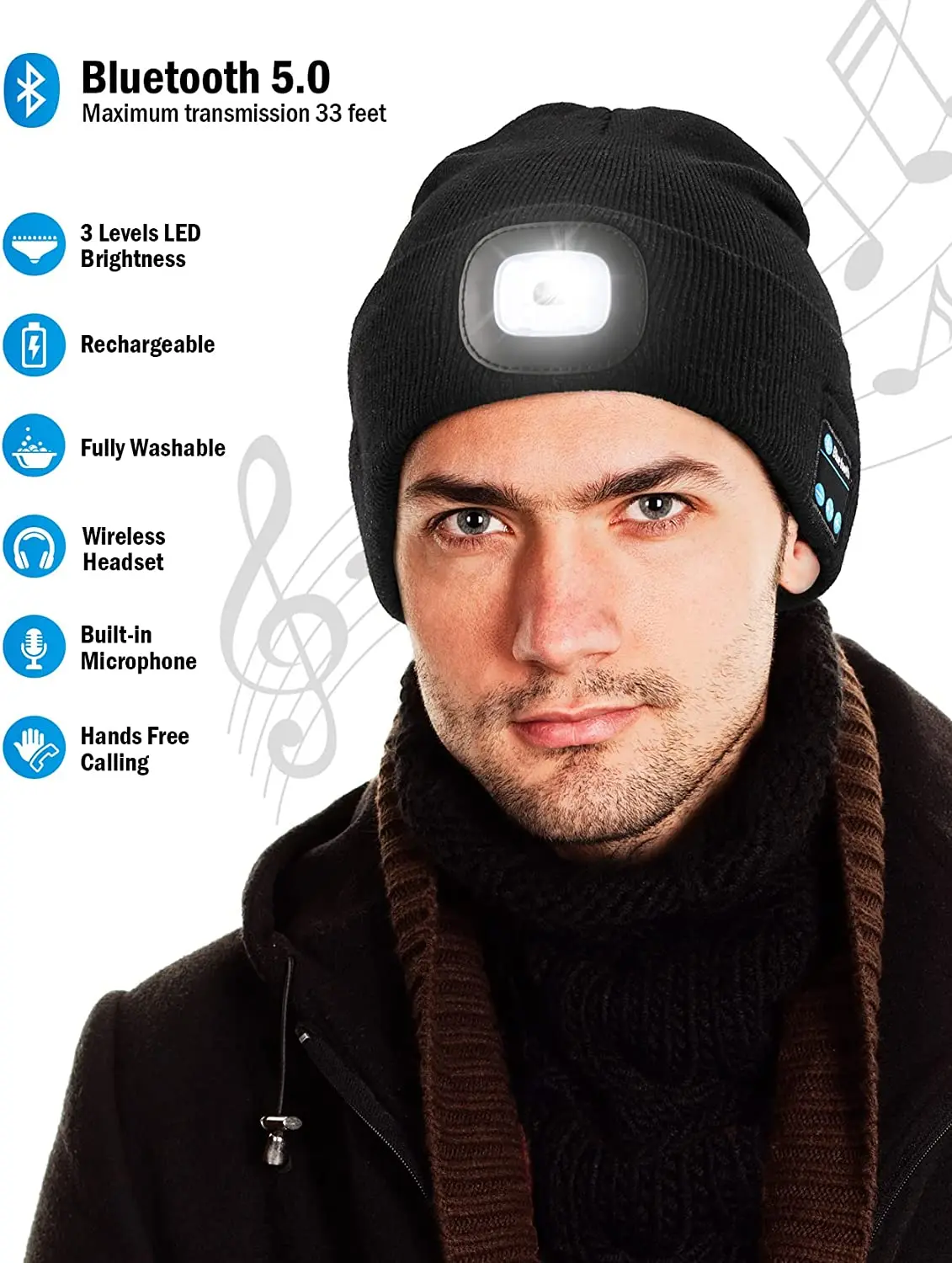 Bluetooth Beanie Hat with Light Unisex USB Rechargeable 4 LED Headlamp Cap with Wireless Headphones Led Lighted Beanie Cap