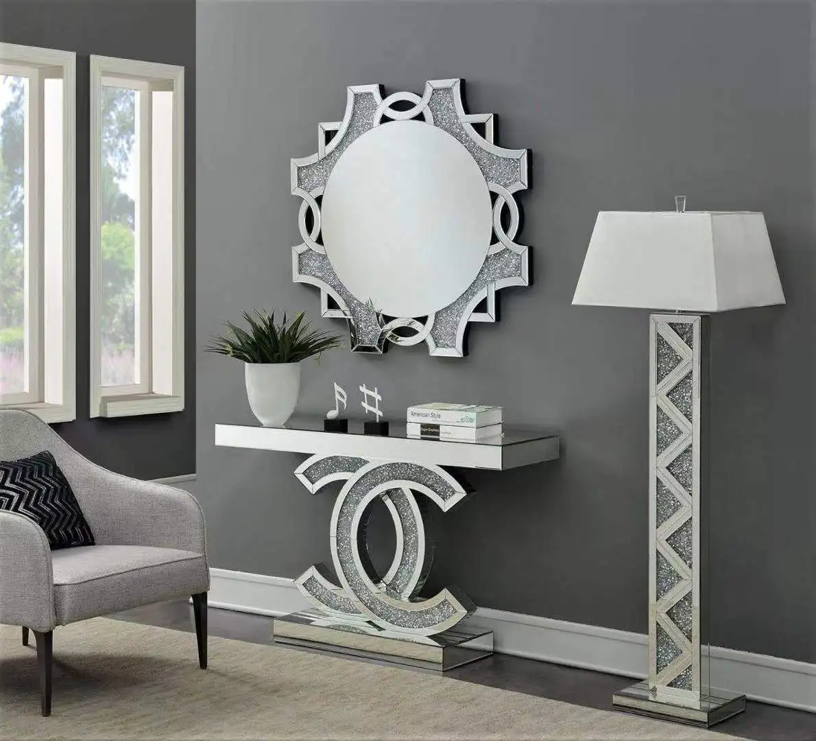 2022 new fashion  Mirrored Furniture Console Table with 3D Decorative Wall Mirror