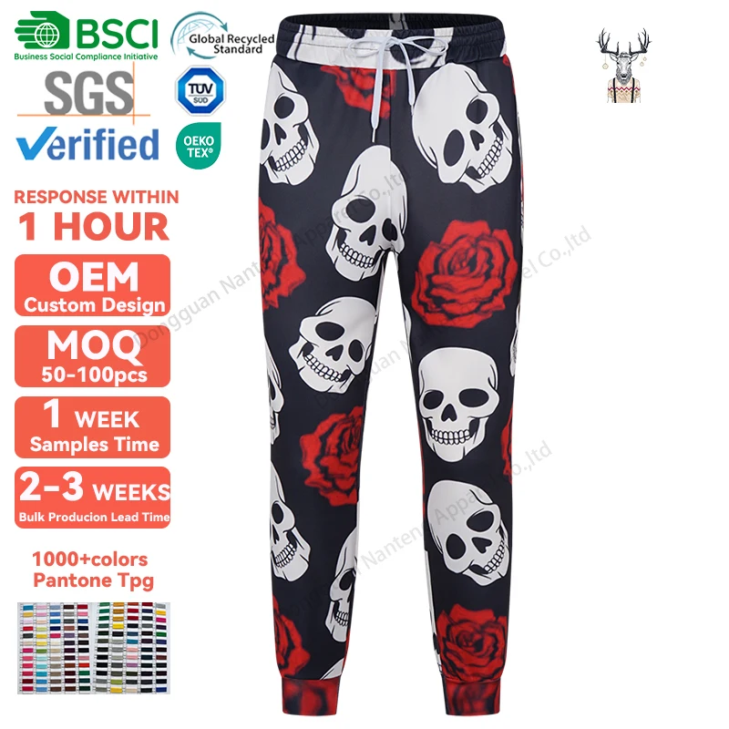 Nanteng Custom Supply Fashion 88%Polyester Rose And Skull Pattern Middle Waist Leggings Sublimation Men Joggers