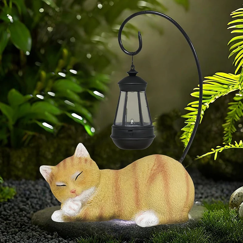 BSCI Factory Solar Cat Garden Statue with LED Light Sleeping Cat Resin Ornament