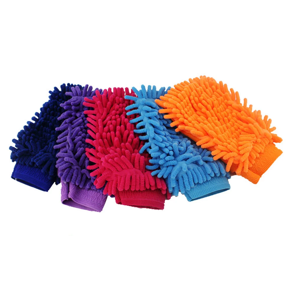 Thin microfiber car polishing chenille mitt with elastic bands at the wrist