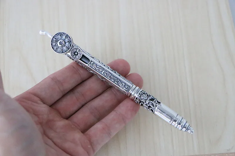 S925 silver Tang grass flower pattern ball water pen automatic retractable stationery signature office business