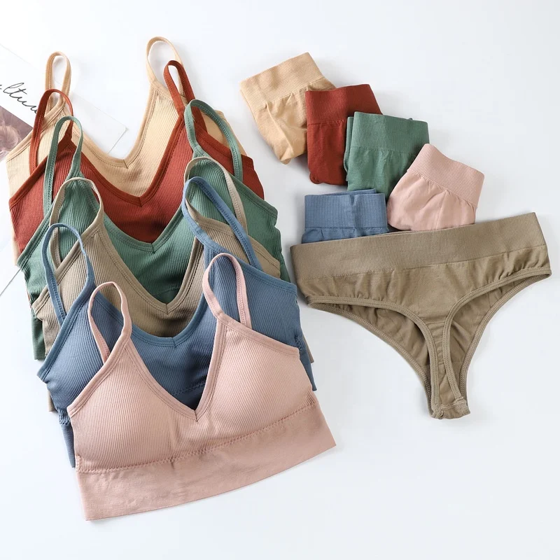 Dropshipping Push Up Sports Women Padded Bralette Panties Sexy Fitness Crop Top Underwear Seamless Active Bra Thong