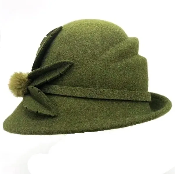 Fashion Handmade Green Wool Felt Cap Women Church Hat Felted Wool Hat Fedora Beret Europe German Style Dress Cap Green Hat