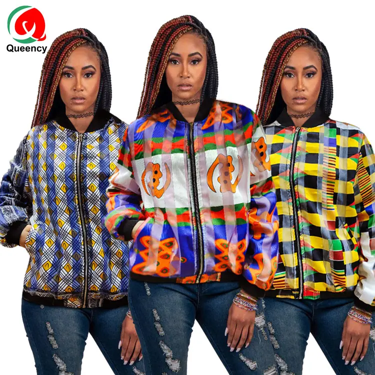 
Queency OEM Custom Unisex Reversible African Printing Ribbon Organza Satin Zipper Jacket with Both Side Pockets 