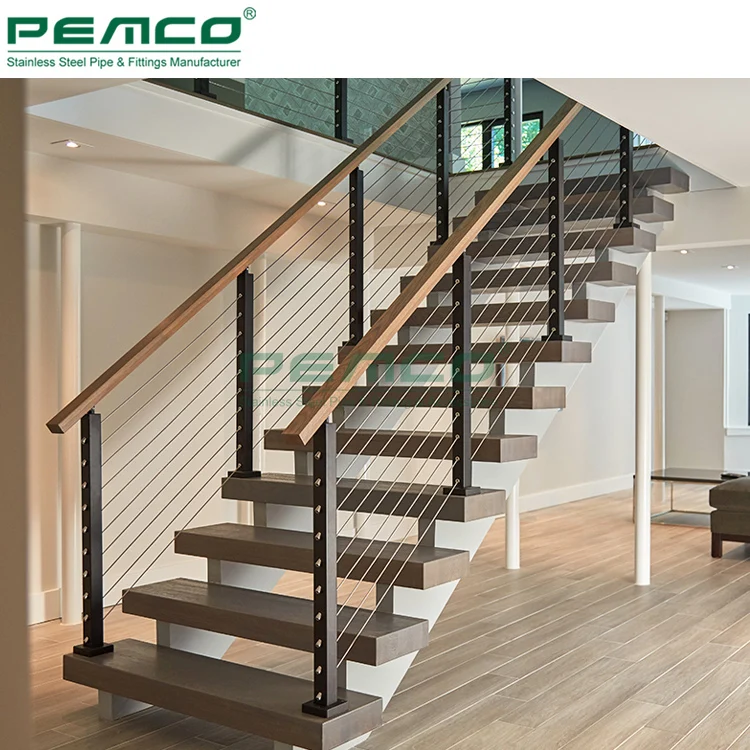 Indoor 40X40 50X50Mm Staircase Wire Rope Balustrade Handrail Stainless Steel Stair Vertical Cable Railing