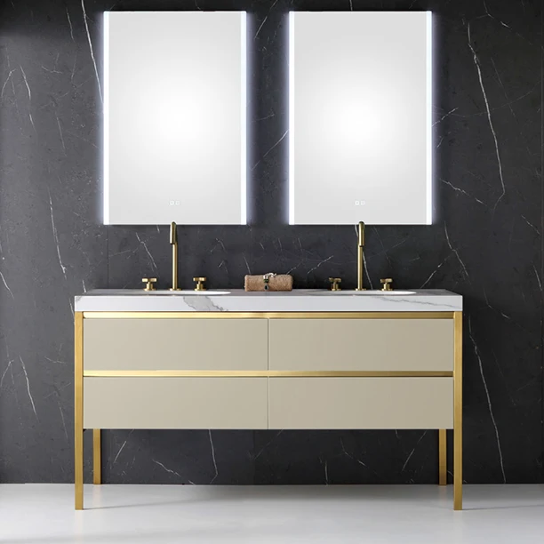 New Design Golden Metal Floor Standing Bathroom Mirror Vanity Storage Cabinet With Single Sink