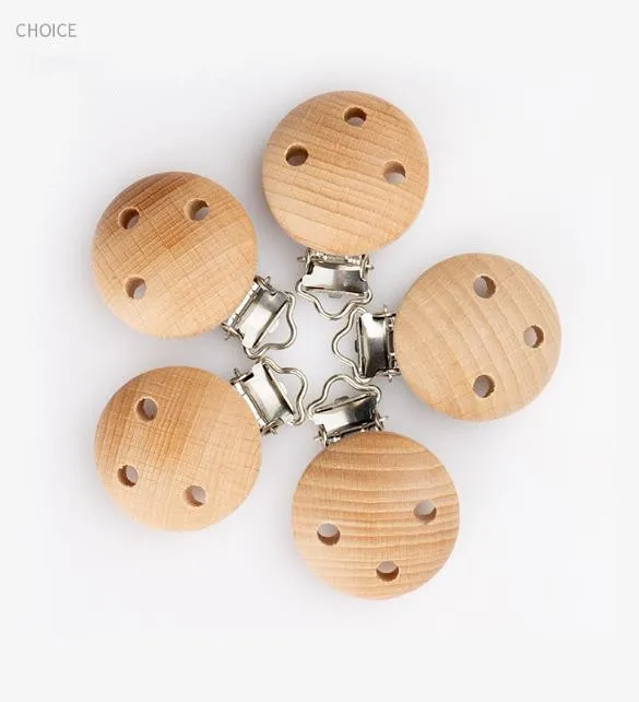 wholesale round custom 30mm wooden baby pacifier clip