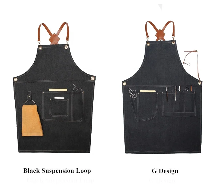 High Quality Chef Kitchen Denim Apron With Custom Logo And leather Strap Barber Apron