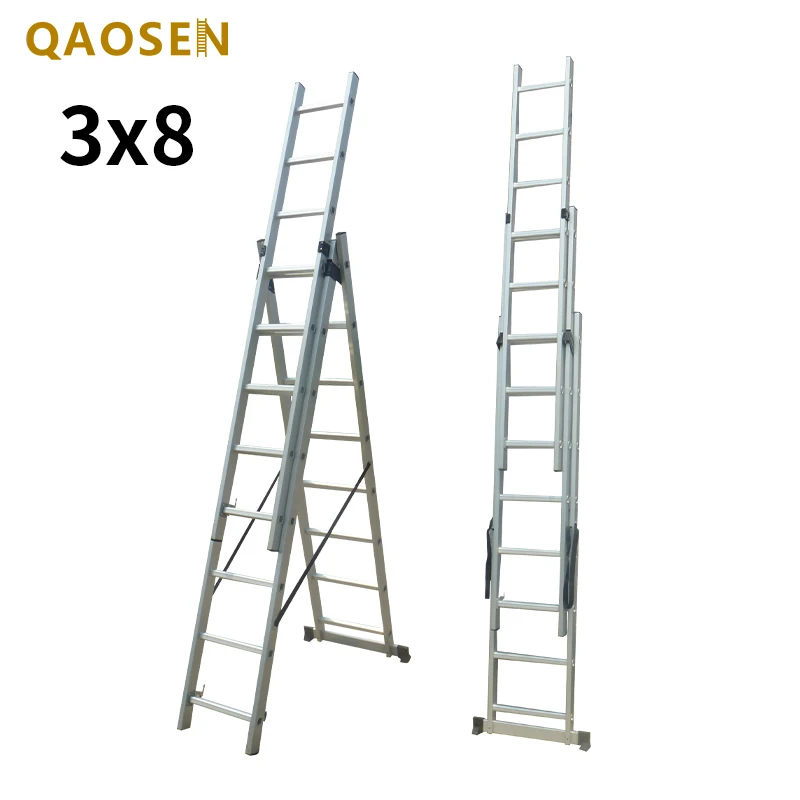 3 Section Extension Ladder Aluminum Silver Multipurpose 8 Steps  Work Stairs