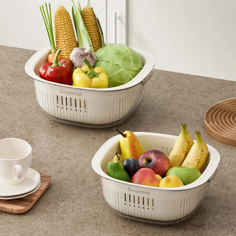 Large Square Double Wash Drain Fruit and Vegetable Basket with drain board for Kitchen