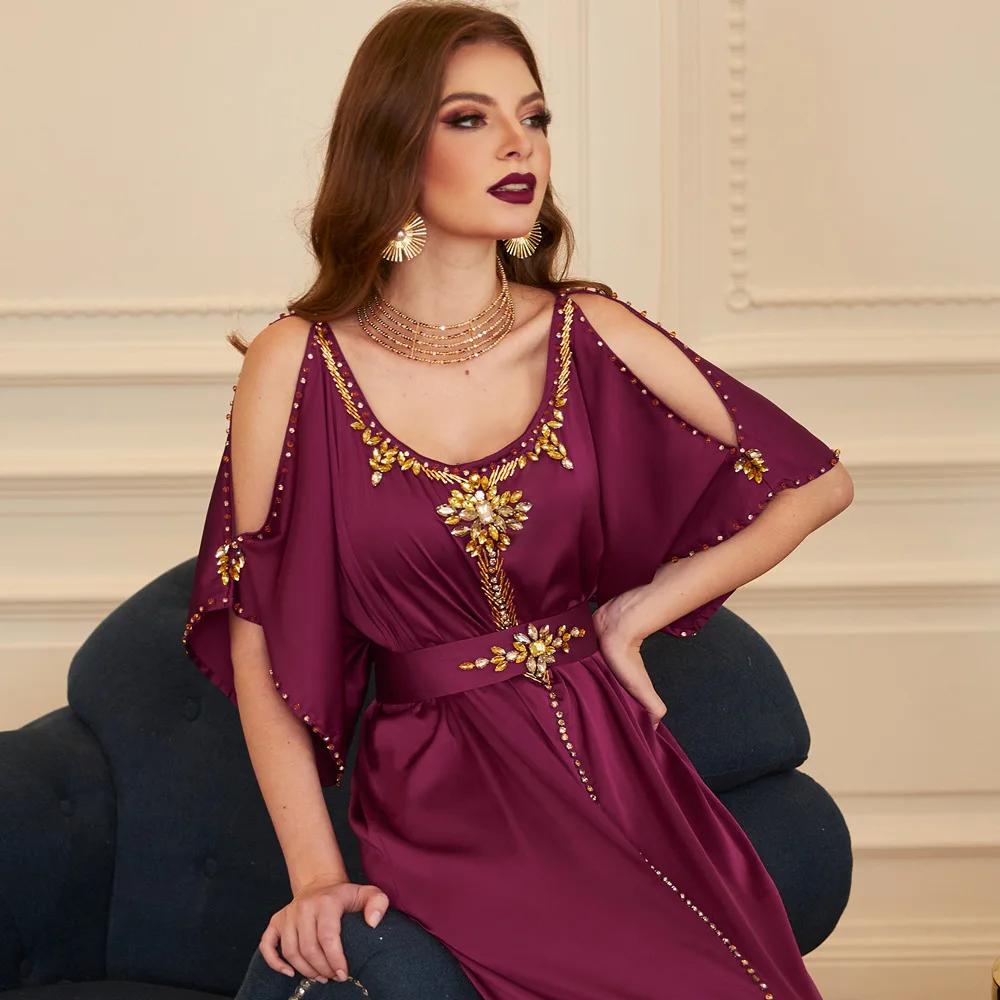 Customized Dubai UAE American Europe Evening Party Show Short Slit Sleeve Big O Neck Elegant Women Abaya