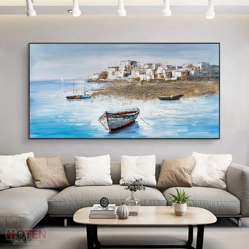 Modern Simple Original Plain Sailing Galleon Sea Hand-painted Texture Thick Oil Abstract Canvas For Hotel Projects
