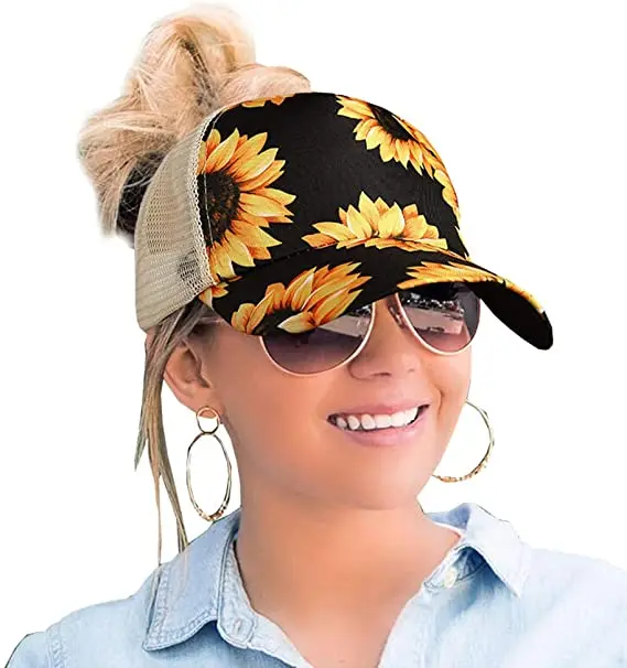 
Visualize 2021 high quality Women Mesh Hollow Out Baseball Hat High Messy Buns Trucker Criss Cross Plaid Leopard Sunflower cap 