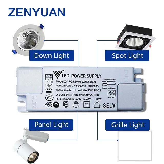 Zenyuan High PFC 0.95 Led Driver High Voltage Anti-Surge 1000V 40V Led Lighting Power Supply  5 years warranty