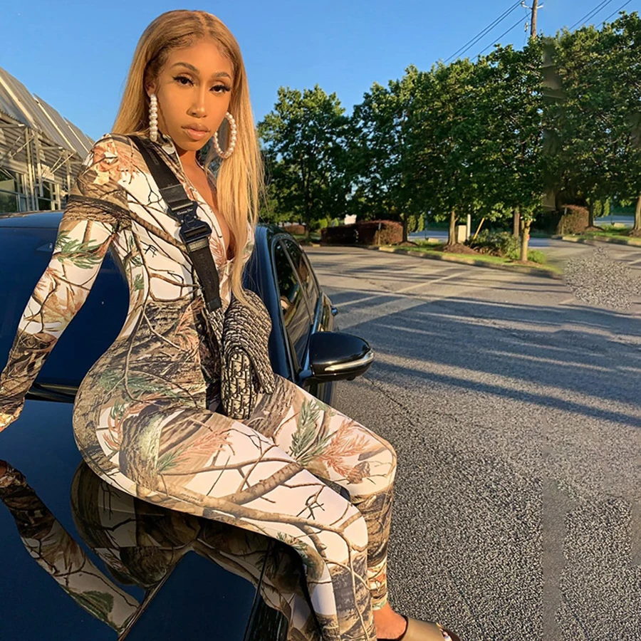 
2021 New Arrivals Spring Leaves Print Turtleneck Skinny Stretchy Jumpsuits 