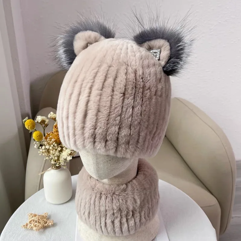 CX-C-97C Lady Boutique Outfit Hand Knitted Rex Rabbit Fur Women Winter Beanie Hat and Scarf Set