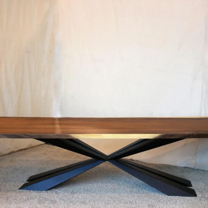 Mid Century Modern Furniture Dinner Table Wood Slab Dining Table Solid Walnut Live Edge Black Metal Legs