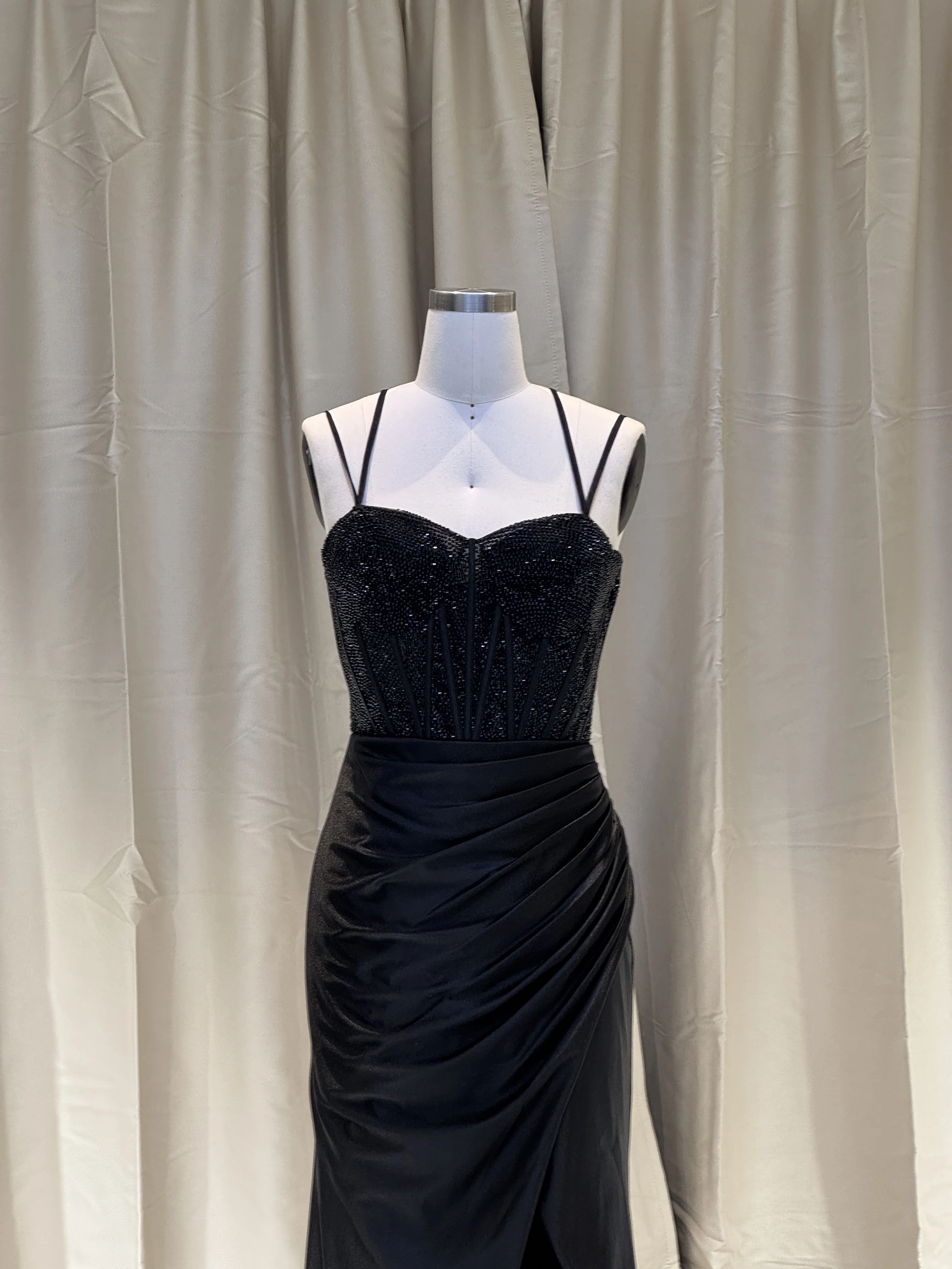 2025 Elegant Satin Mermaid Corset Side Split Evening Prom Dresses Black Beaded Long Sleeve Hand Pleated Cotton Fabric Summer