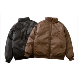 Oem Mens Retro Embroidery Coat Custom Logo Cotton-padded Jacket Pu Leather Jacket Men