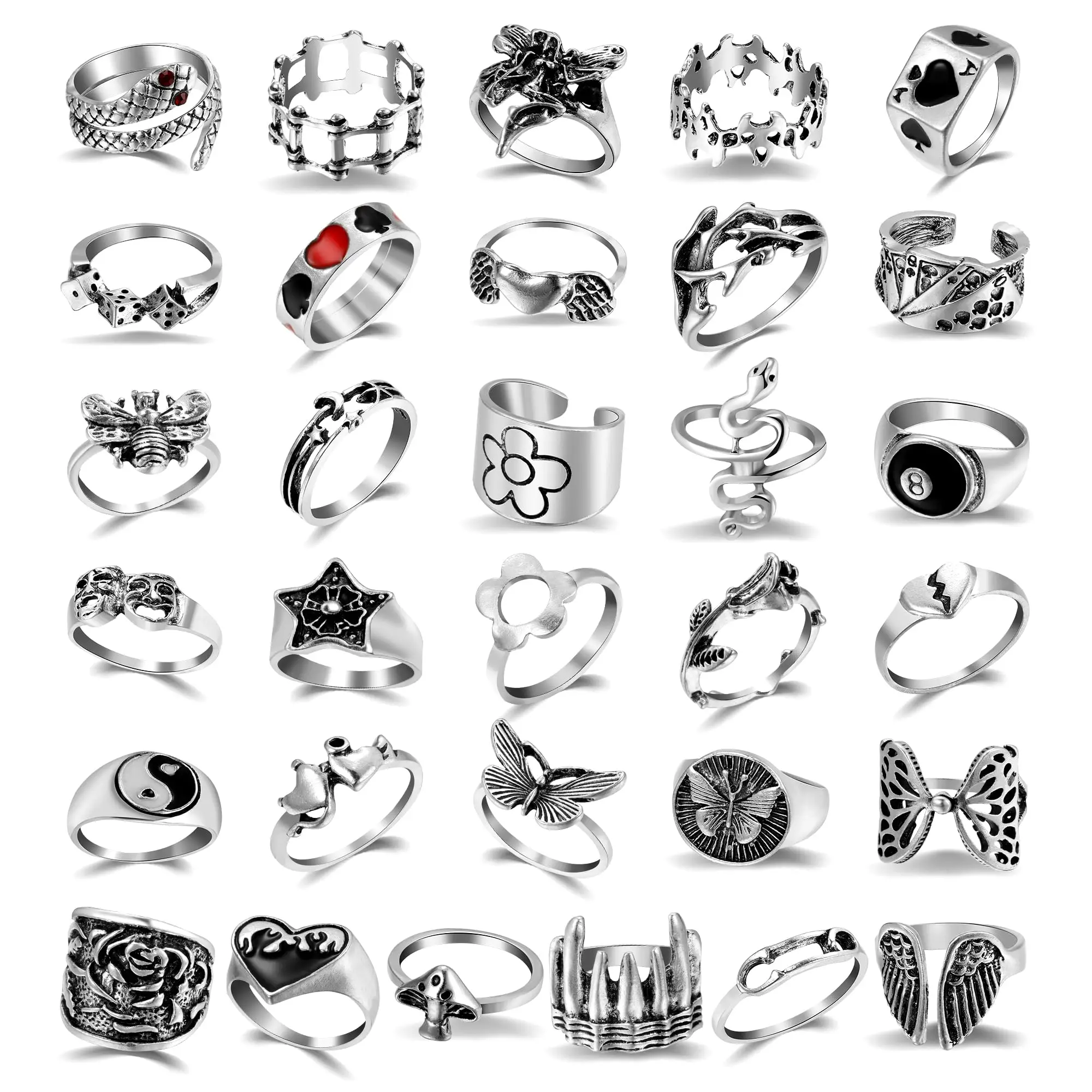 New 925 Sterling Silver Open Adjustable Retro Punk Black Ring Snake Bat Spider Shape Cool Gothic Halloween Ring for Unisex