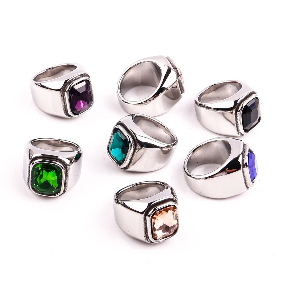 Modern Aesthetic Ring 17Mm Geometric Type Stainless Steel Gemstone Bulk Thick Metal Square Stone Crystal Ring For Men Unisex