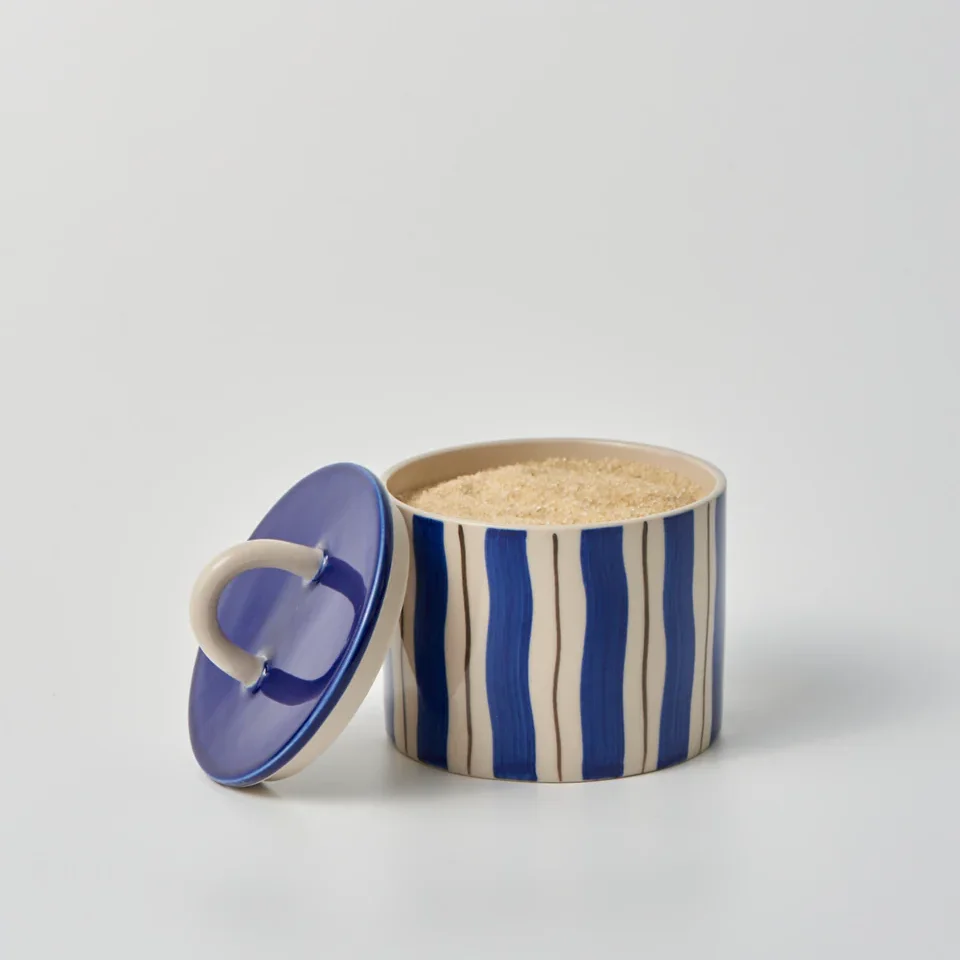 Cylinder handmade striped pattern european kitchen storage jar ceramic tea coffee sugar canister set with lid