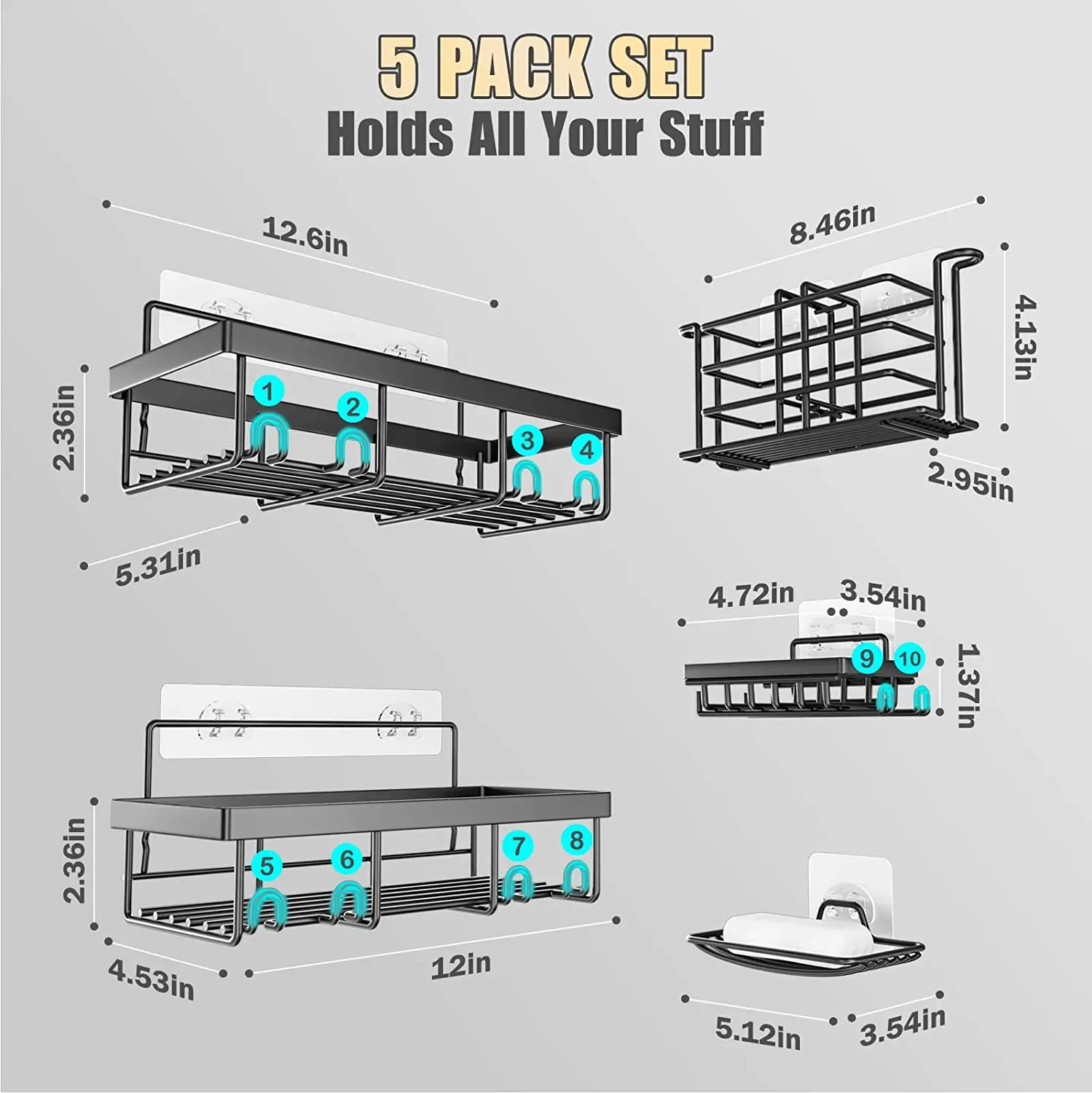 No Drilling Black 5 Pack Metal Shower Racks Shelves With Hooks for Kitchen Dorm Apartment