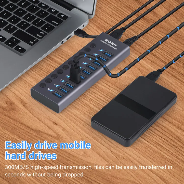 Factory In Stock High Speed usb splitter 10 Port Usb 3.0 Usb Hub With  Power Supply  Individual Led On