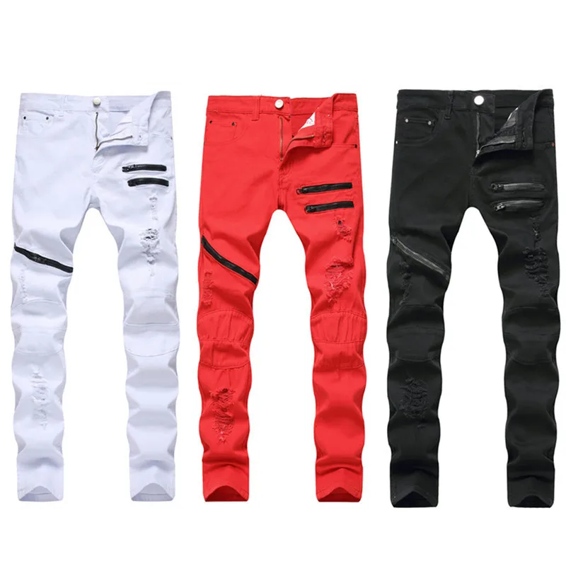 Jeans Men Ripped Skinny Jeans Black Red White Pants Motorcycle Party Casual Trousers Street Clothes Man Denim Clothing