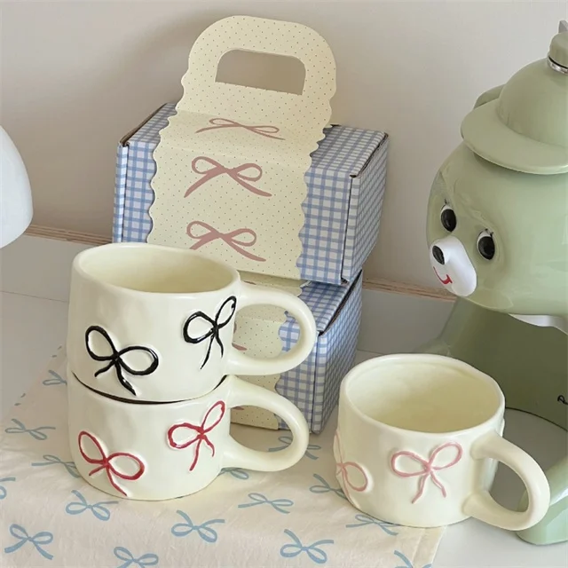 Creative Embossed Bow Ceramic Coffee Mug Large Ceramic Coffee Cups with Handle Nordic Coffee Cups for Cocoa Cappuccino Latte Tea
