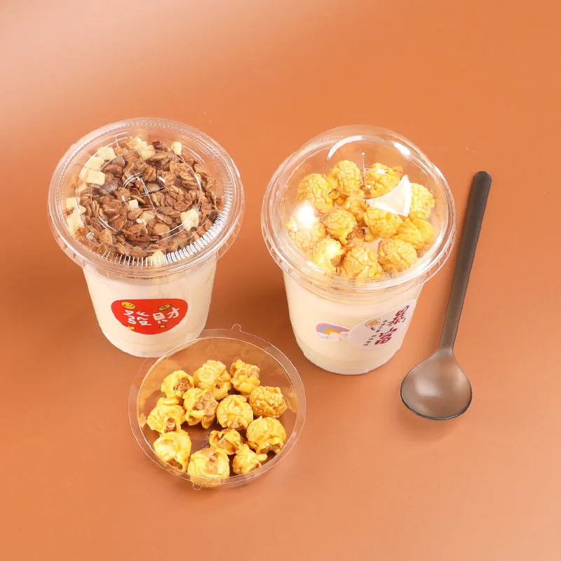 PET Plastic U-Shaped Double Layer Oatmeal Cake Milk Tea Disposable Paper Frozen Yogurt Cup With Spoon And Inner Tray