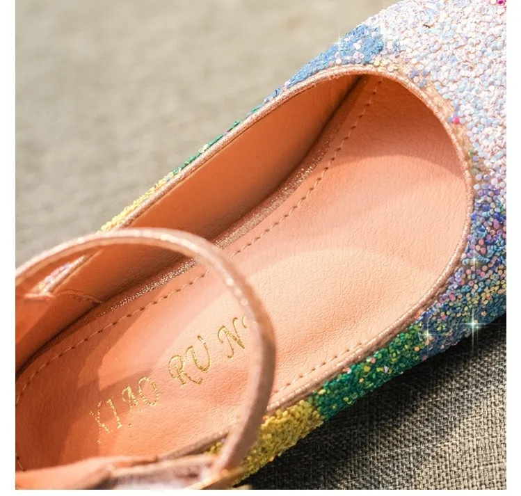 hot selling 2021 spring and Summer Girls Princess Sandals rainbow Sequins High Heels shoes party dressy shoes kids
