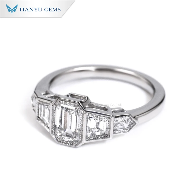 Tianyu gems customized bezel setting 10k pure white gold material emerald cut lab diamond engagement ring