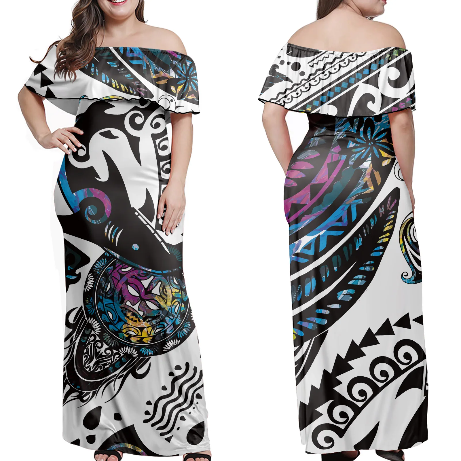 
2021 Private Label Polynesian Tribal Stripe Custom Logo Print Off Shoulder Dresses Lady Sexy 4XL 5XL 6XL 7XL Women Dress 