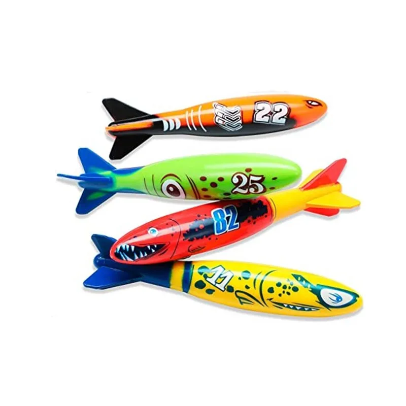 Wholesale diving toys underwater glide shark swim glide toy water rocket 4 colorful fun swimming pool diving toys