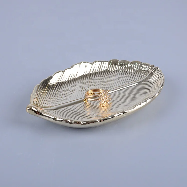 Exquisite White Gold Leaf Ceramic Jewelry Ring Dish Tray - Home Decorative Trinket Organizer with Premium Glaze Finish