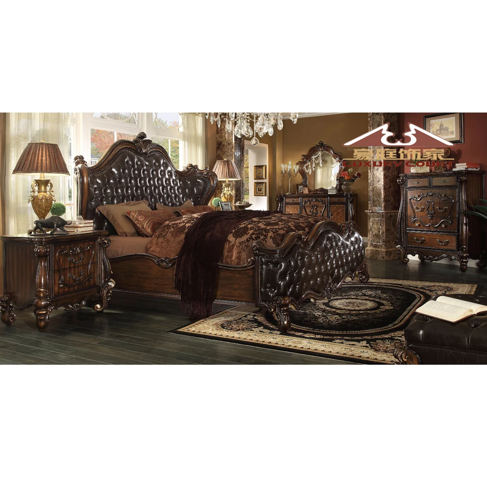 Longhao Wholesale European classical wooden carved royal King Size Bed sets Luxurious Wedding Bedroom Furniture
