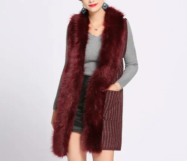 2022 winter sleeveless fashion stripes long women faux fur vest