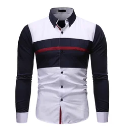 Free Shipping Color Stripe Block Long Sleeve Casual Business Men Shirt