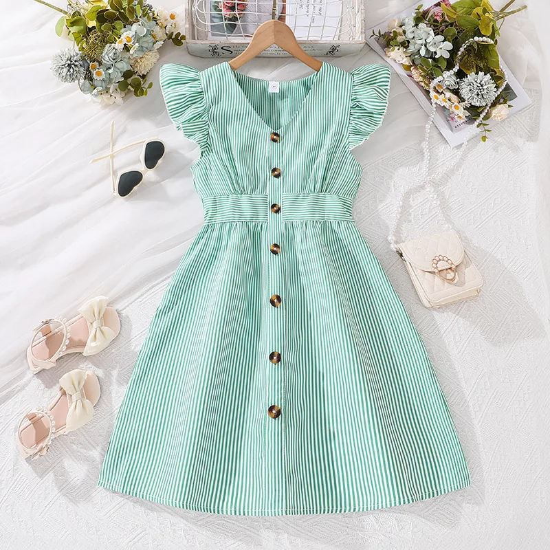 10-12 Years old Children Clothes 2024 Summer New Fashion Flying Sleeve Striped Princess Teenage Girls Dress