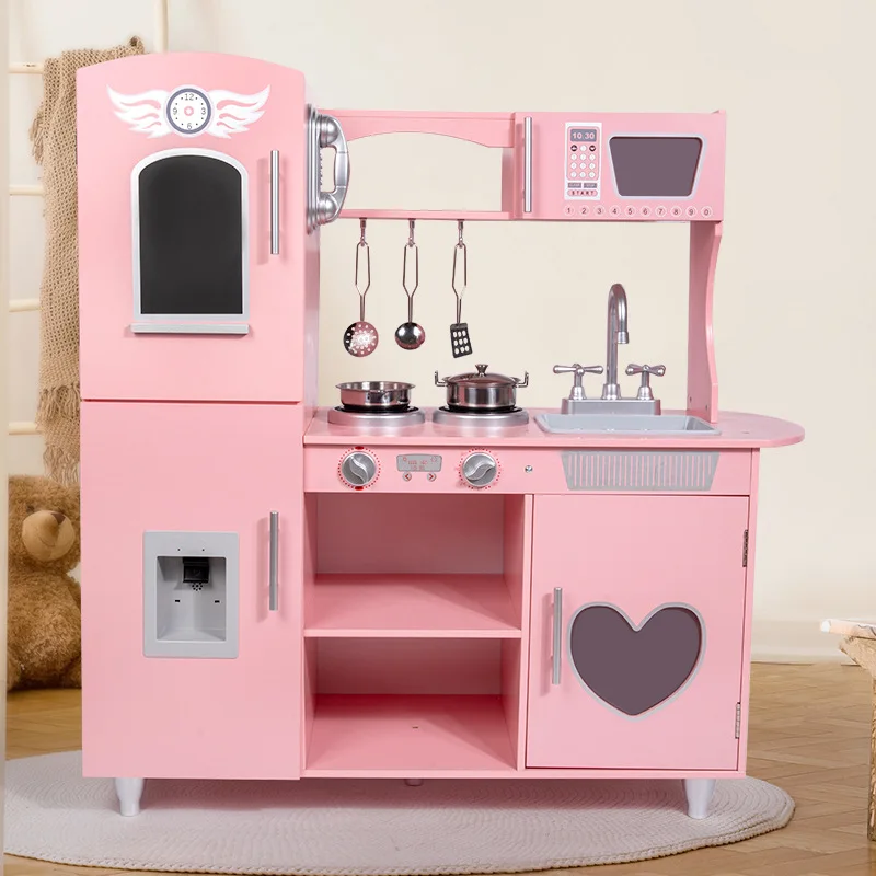 Wooden Cute Pink Kitchen Stove Children Simulation Kitchen Toy Set