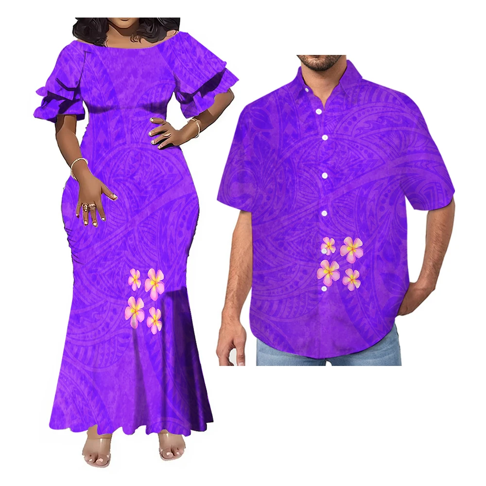 Wholesale Best Seller Polynesian Elei Tribal Design Custom Couple Clothes Mens Shirts Woman Double Cuff Fishtail Dress