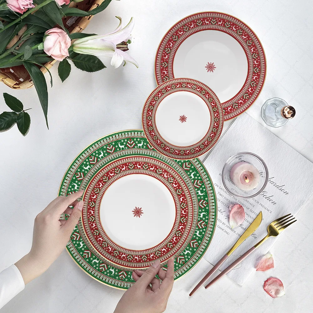 Wholesale Porcelain Tea Party Dishes Bone China Ceramic Dinner Set Christmas Gift Decor Red Plates Dinnerware Set With Gold Rim