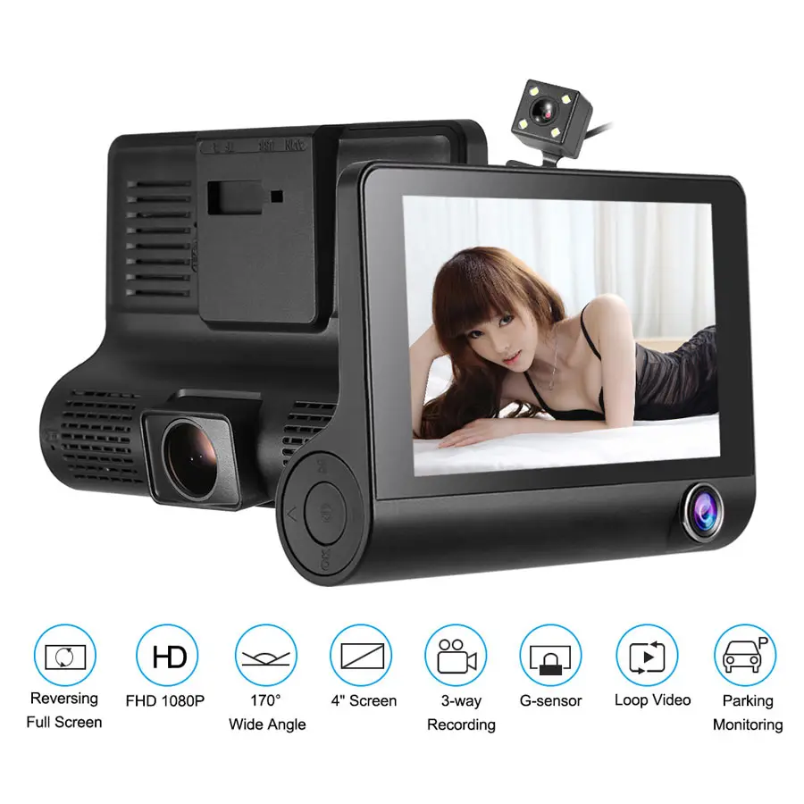 3 Lens Driving recorder  4 inch Display 1080P HD Car Cam with  Recording  G-sensor Dash Cam