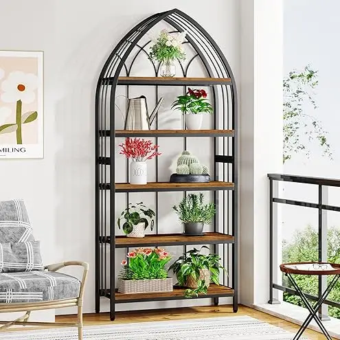 5-Tier Indoor Plant Stand  Industrial Flower Potted Plant Stand Rack Wood Plant Shelf with Metal Frame for Indoor BalconyGarden