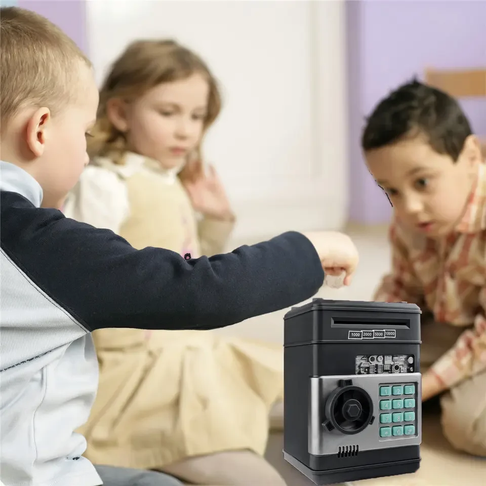 Hot sell electronic atm machine piggy bank plastic coin cash auto-rolling deposit password fingerprint money safe box for kids