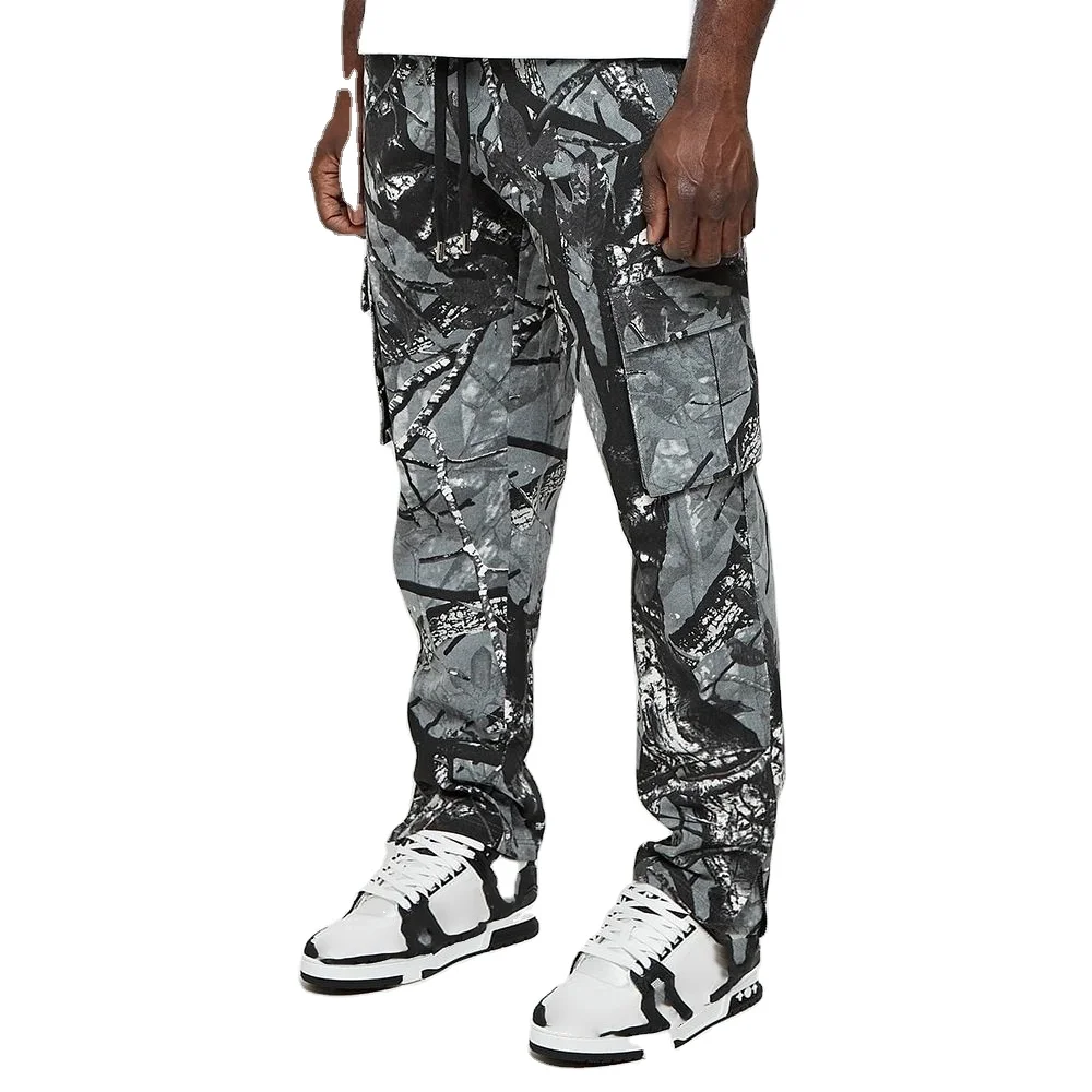 New Design Custom Streetwear Nylon Print Wide Leg Jeans Camouflage Camo Work Cargo Pants For Men